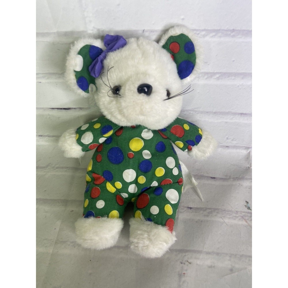 VTG Ace Novelty Mouse Plush Stuffed Animal Polka Dots Circles Bow White Green
